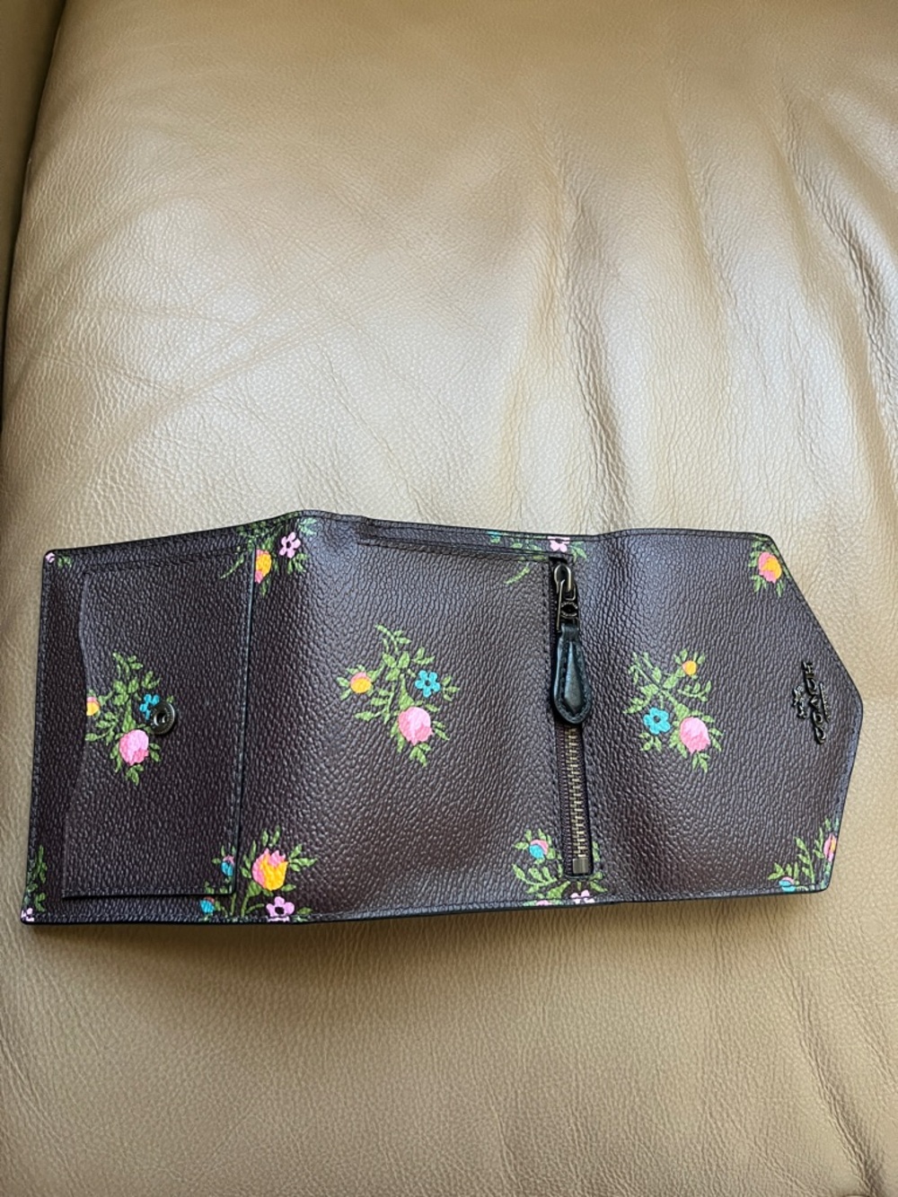 Coach Brown Floral Compact Wallet with Pink & Yellow Accents - Picture 3 of 3